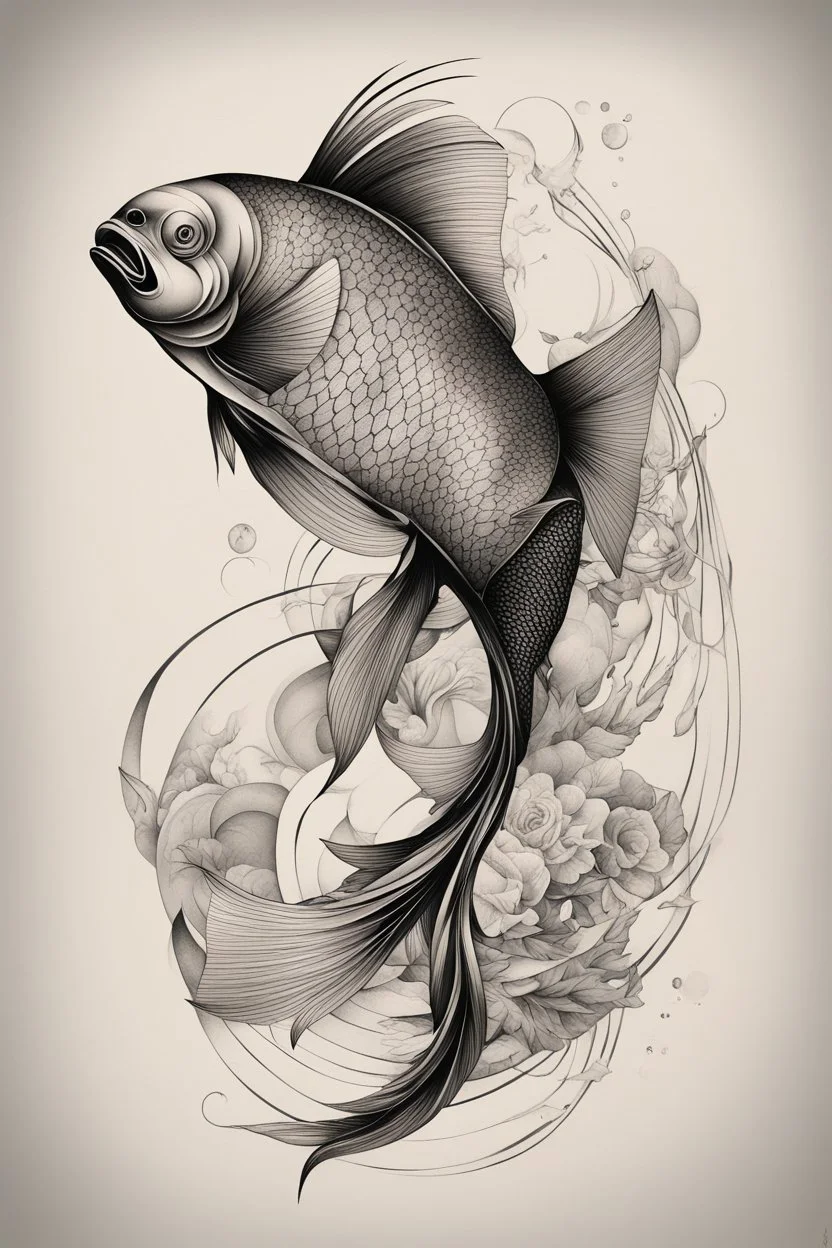 Create a captivating modern 2d ink tattoo design for print , prestigious Sacred Fish using the elegant influences of japan art style, for print, dynamic elements from fashion and design, and bold Japanese contemporary art aesthetics, framing centered in the center, distanced from the edges of the paper perimeter, perfect anatomy, bauhaus, Divine Proportion,