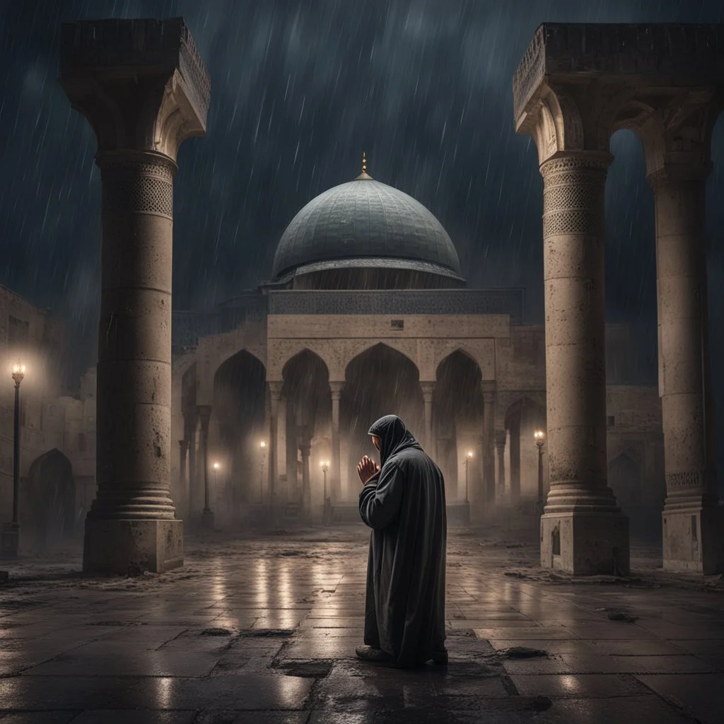 Hyper Realistic Man praying outside Dark Abandoned Al-Aqsa Mosque in a dark heavy rainy night