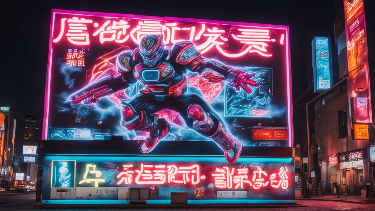 a billboard branded Odk Tokusentai in neon light, in the city center, at night.