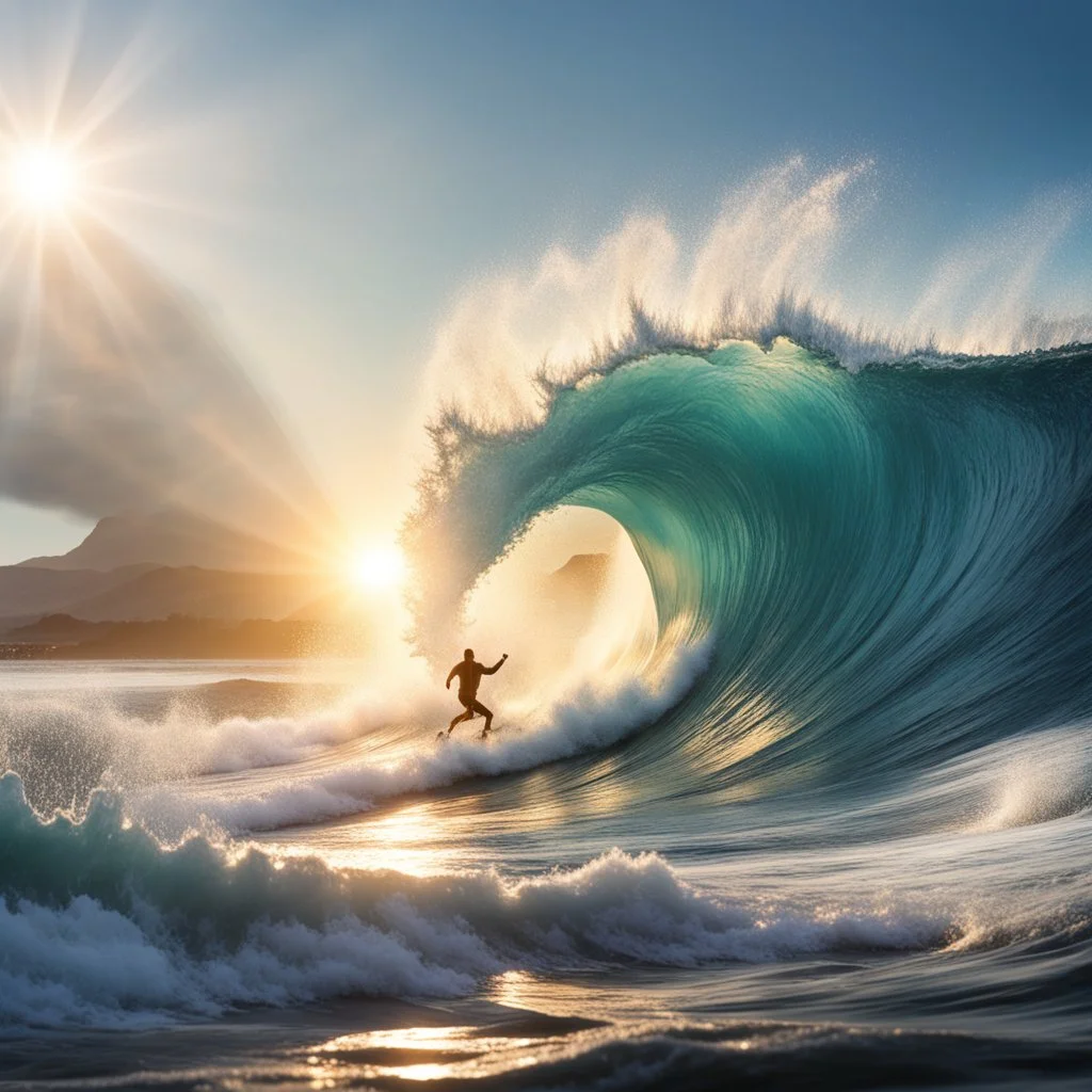 ultra-realistc wave crashing out of the colliery ocean with a surfer, power of nature, early morning sun glare prismatic effect,