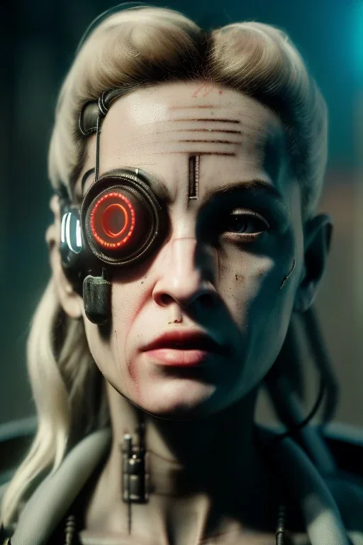 A portrait post-apocalypse cyborg MADONNA in a cyberpunk city, sci-fi fantasy style, 8k, volumetric lighting, particales,highly detailed,cinematic, deep scars on face,deep colours.