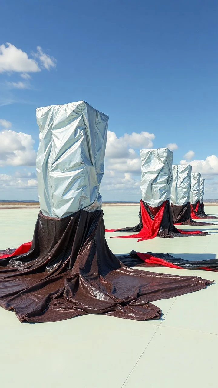 Fotografia di una superficie piatta di colore azzurro chiaro e giallo pastello, su cui si ergono alcuni gigantesche immense enormi strutture di forma indefinita, fatte di materiali vari, ricoperte da materiale plastico argentato, rosso, e nero, che scende a terra. Max Ernst, Amano, Yves Tanguy, Piet Mondrian, James Ensor, paranoic, obsessive, eccessivo, aria aperta, sole, nuvole, glossy, surreal, hasselblad h6d400c --ar 85:128 --v 6.