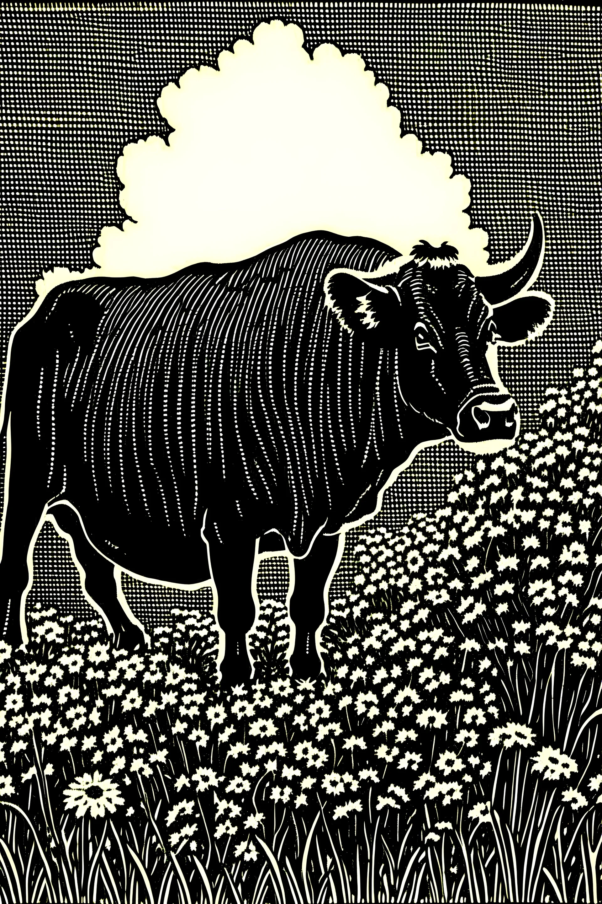 una vaca negra en un jardín lleno de flores en xilografía de duotono
