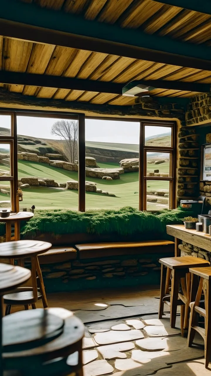 A cozy coffee shop nestled in the midst of Sycamore Gap, with the warm aroma of freshly brewed coffee wafting through the air.