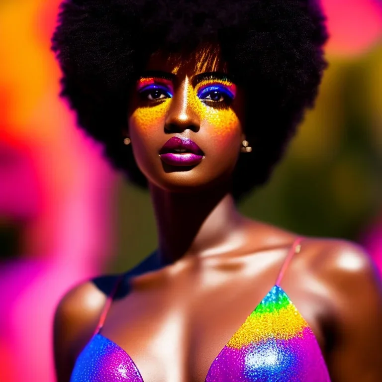 full body shot, masterpiece, best quality, family of three, dark skinned, sparkling eyes, fluorescent skin, colorful makeup, afro, highly detailed body, sun light, 4K, RAW, depth of field, high contrast, realistic details, 24mm