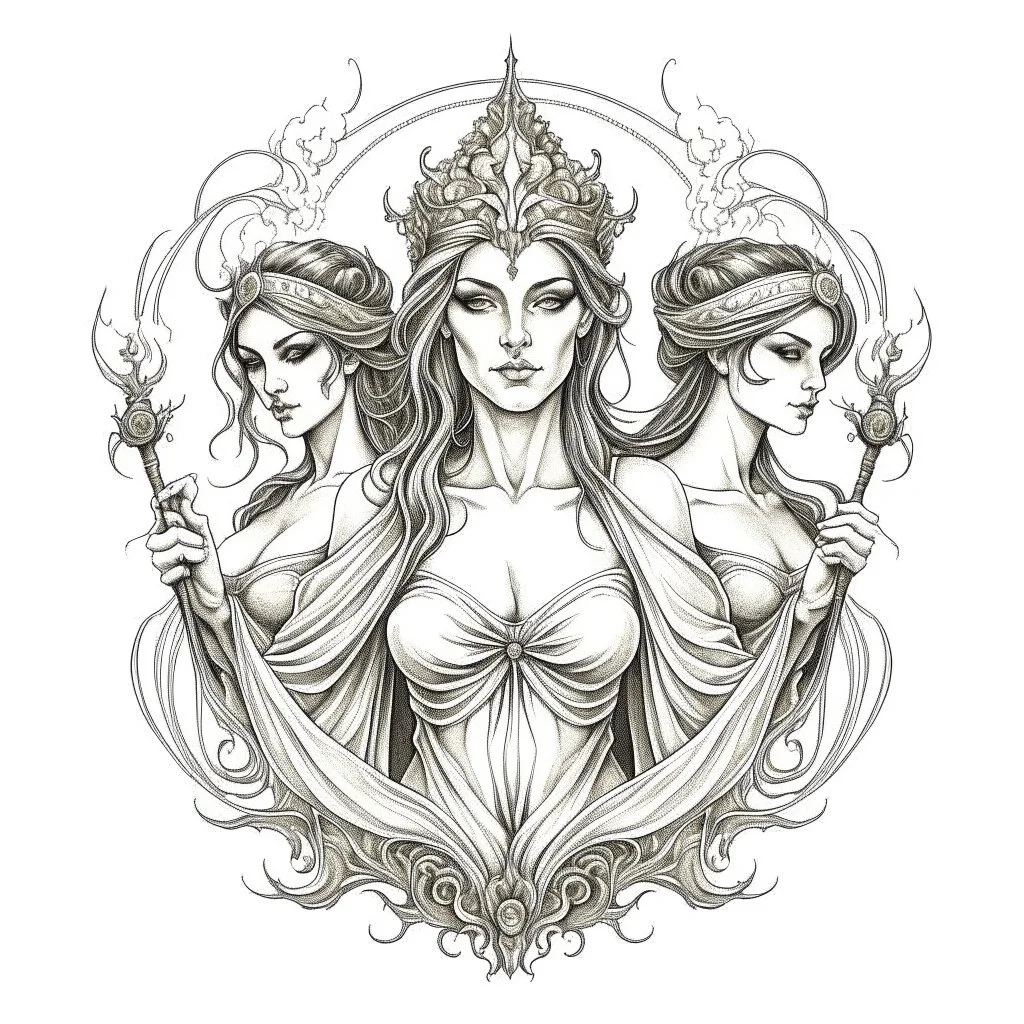 The Fates (Clotho, Lachesis, and Atropos).. realistis tatto sketch style, white background, profesional tatto sketch