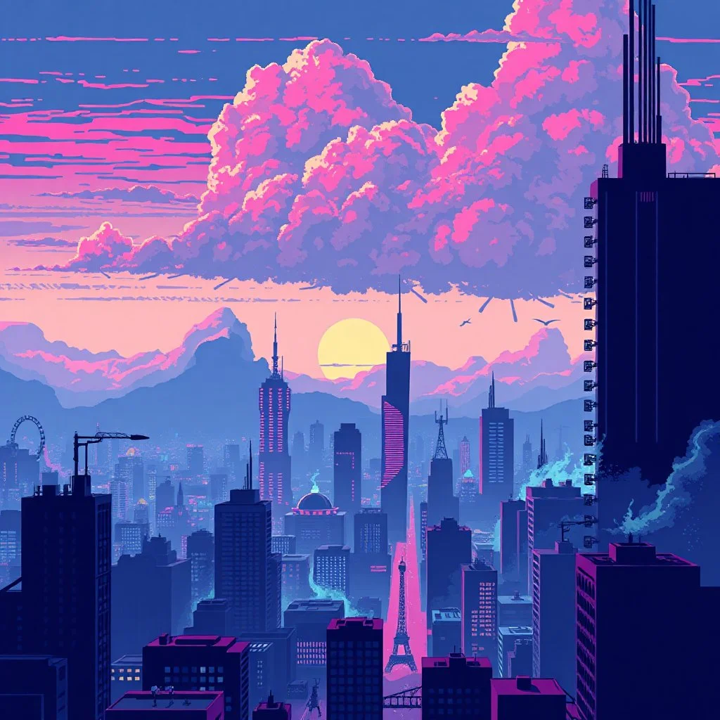 8 bit pixelart city, atomic cloud, synthwave, destroyed city
