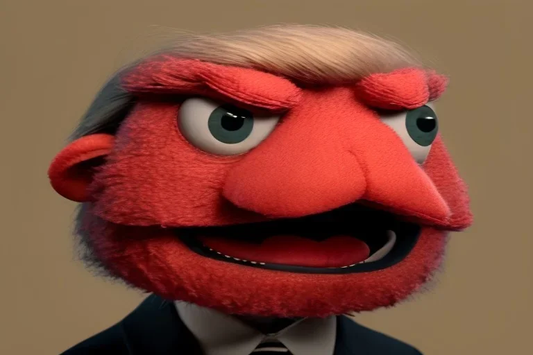 Angry muppet trump in suit, no tongue, looking forward, face, little, round puffball nose