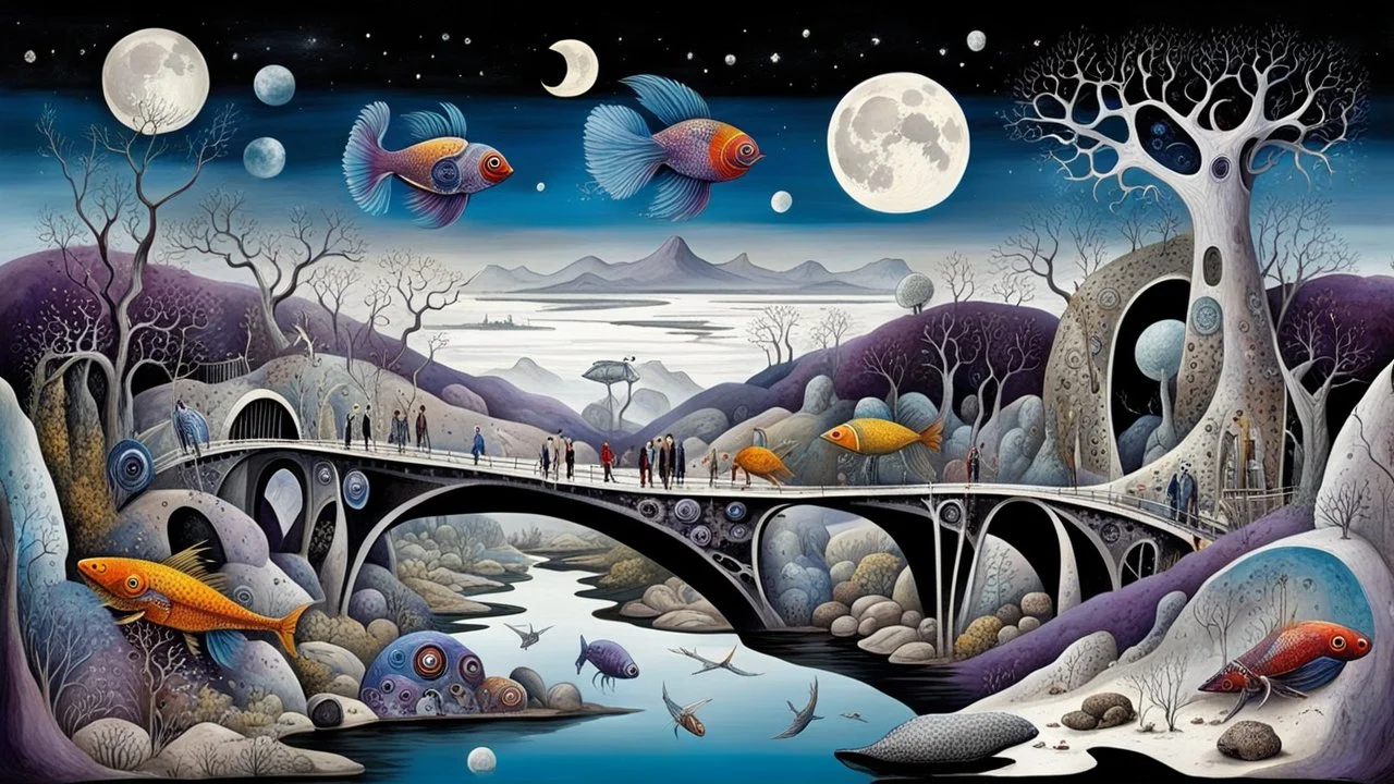 whimsical weird fish-like vehicle, and bizarre mutant animals in weird whimsical landscape between two long thin bridges, surreal vibe with abstractions, around surreal cracked painted weird land with rocks, trees, two moon, deep dark purple, gray, black, white, brown pale blue colors. style of Chagall , of Minjae Lee and Tim Burton, absurd beauty picture. weird bizarre absurd, nightmare, big neuron network clouds background and thin bridges, too big, too elongated shapes, psychedelic dreams