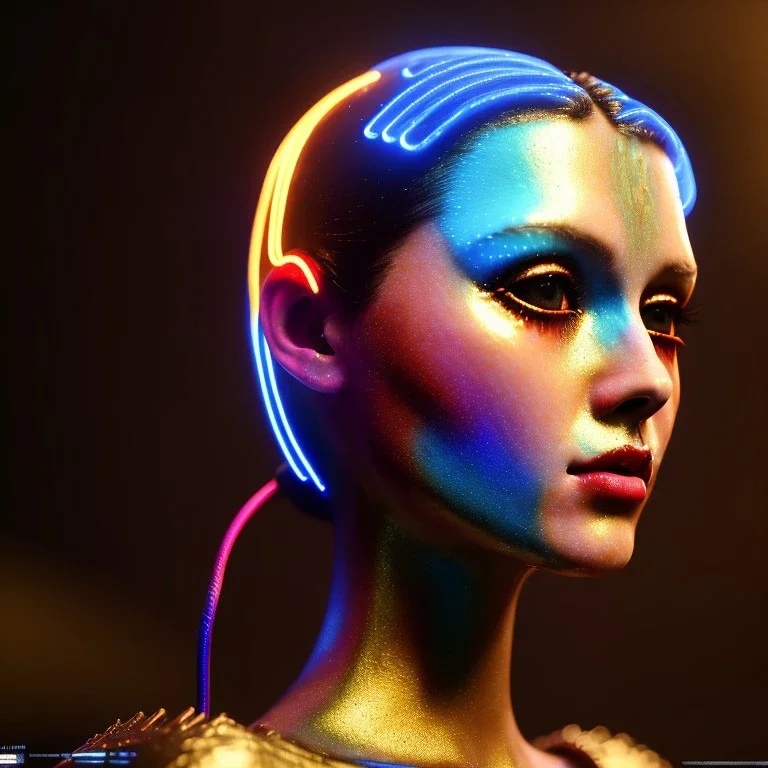 pretty british cyber woman, cold ambient, rain, fog, latex, cables, purpurin, black, gold, piercings, brown, decorative color feathers, circuits, neon style, a lot of led lights, fog, rain, vibrant color, highly detailed, art stations, concept art, smooth, unreal engine 5, god rays, ray tracing, RTX, lumen lighting, ultra detail, volumetric lighting, 3d, finely drawn, high definition, high resolution.