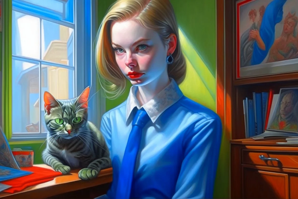 kitten girl secret agent joker in an office in sunshine, very detailed, oil painting