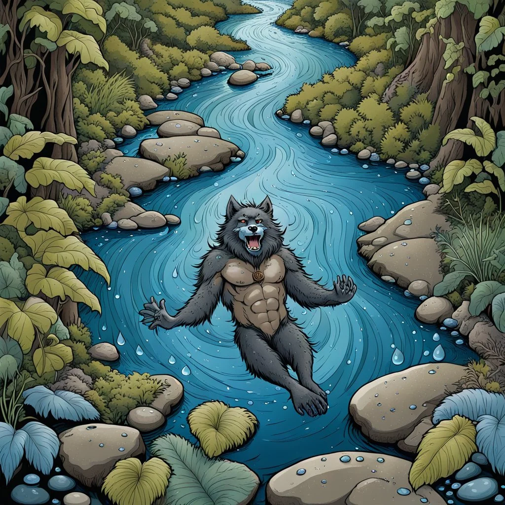 bird's eye view looking down from afar an anthropomorphic strong gray hairy body wolfman swims on his back in the blue winding river and looking the sky, smile, dark brown sandy shore along the river, smaller brown and gray stones, green-blue foreign plants with raindrops on their broad big leaves, in background towering dark brown trees with massive trunks. high contrast, high detalied, high realistic, The atmosphere is a seamless blend of sci-fi and dark fantasy mood, professional photo