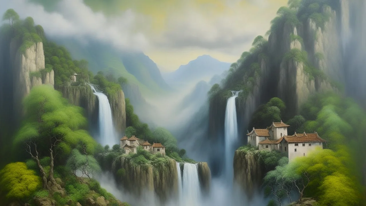 urrealist and Abstract painting of mountain village, waterfall, vines, sandy ground, misty clouds, tall trees, mystery, distant hills.