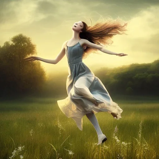 A girl named BilliJo with elegant face flying over a Scottish field, happy, elegant, dream, morning light, dewy, forced perspective