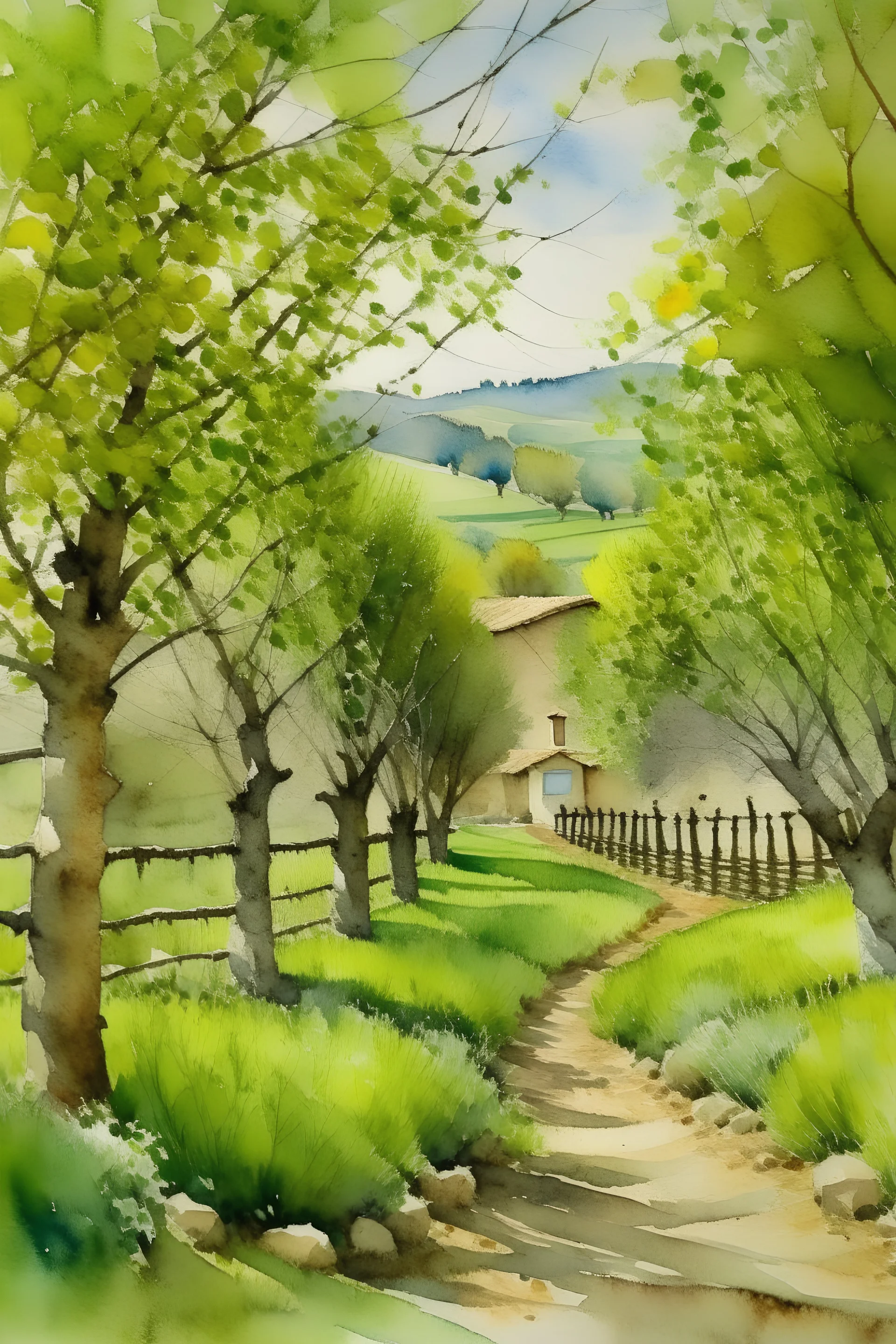 watercolor of spring in the wine yard