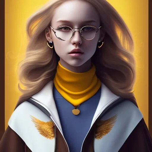 Girl with long wavy brown blond hair, yellow hawk eyes. Wears Hogwarts Hufflepuff uniform, sunglasses with a yellow clip. She has a snowy owl with yellow eyes on her shoulder.