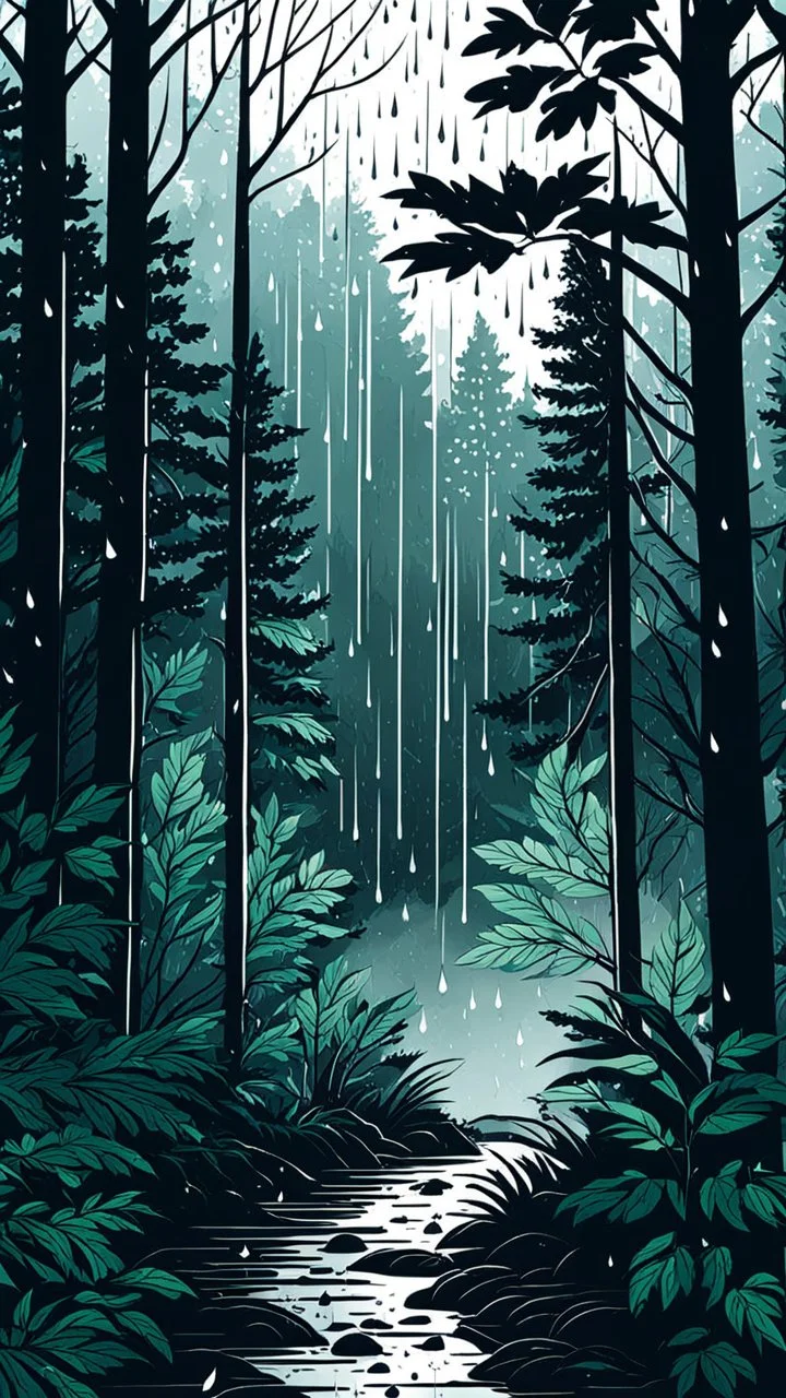a dramatic scene in a dense forest under the rain. The background should feature raindrops falling around the leaves.thin line draw