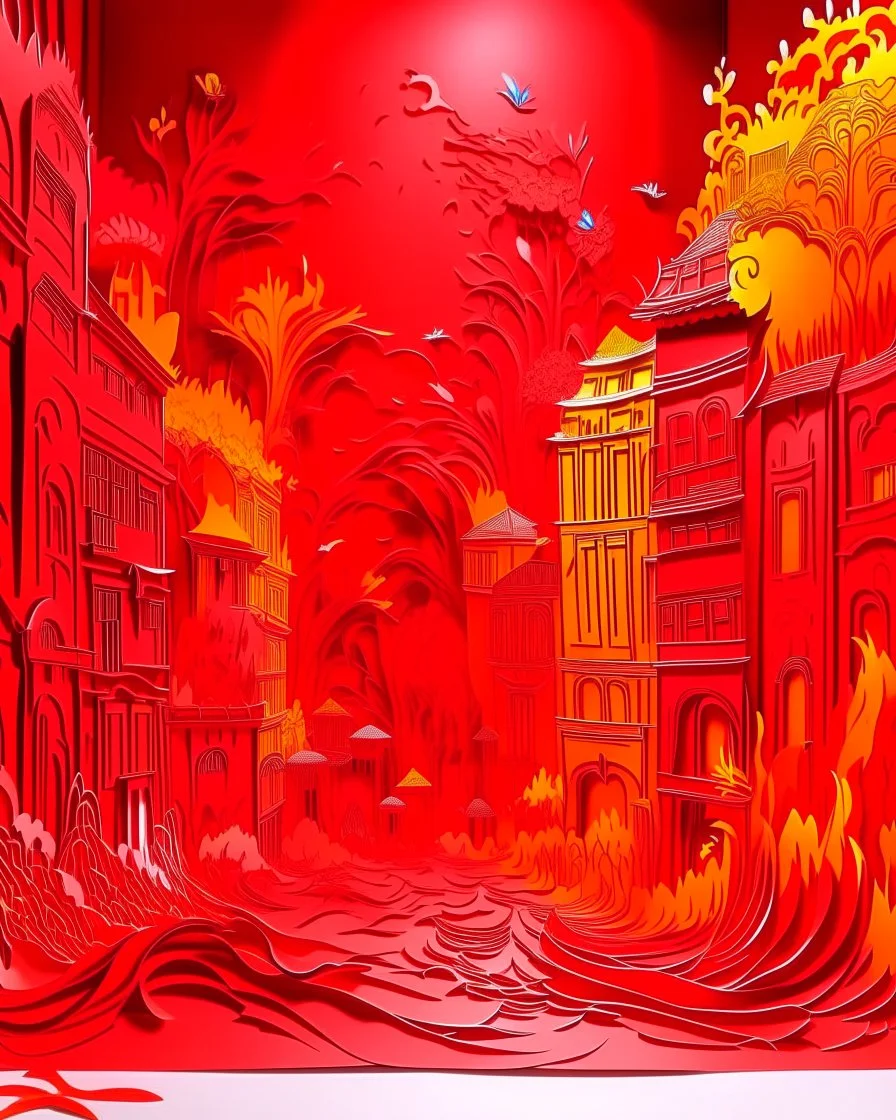 A red town with a fireworks festival designed in Chinese paper art painted by Andy Warhol