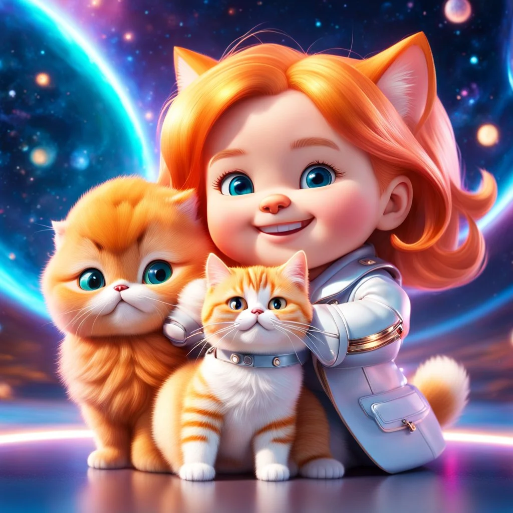 (masterpiece, best quality, 8k, RAW photo, beautiful and aesthetic:1.2), complex detail, Indirect light, photorealistic, (((full body))), Cosmic Boss Baby style smiling, long curved clear hair , with a ginger cat companion, colorfull Sci-Fi environment