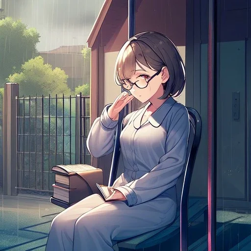 anime girl sitting on a porch swing of an old house, journaling, wearing pajamas, writing in a book, shes watching it rain, more detail on hands and her face,shes deep in her thoughts, wearing glasses, rain drops, she has a pencil and is writning in thbe book