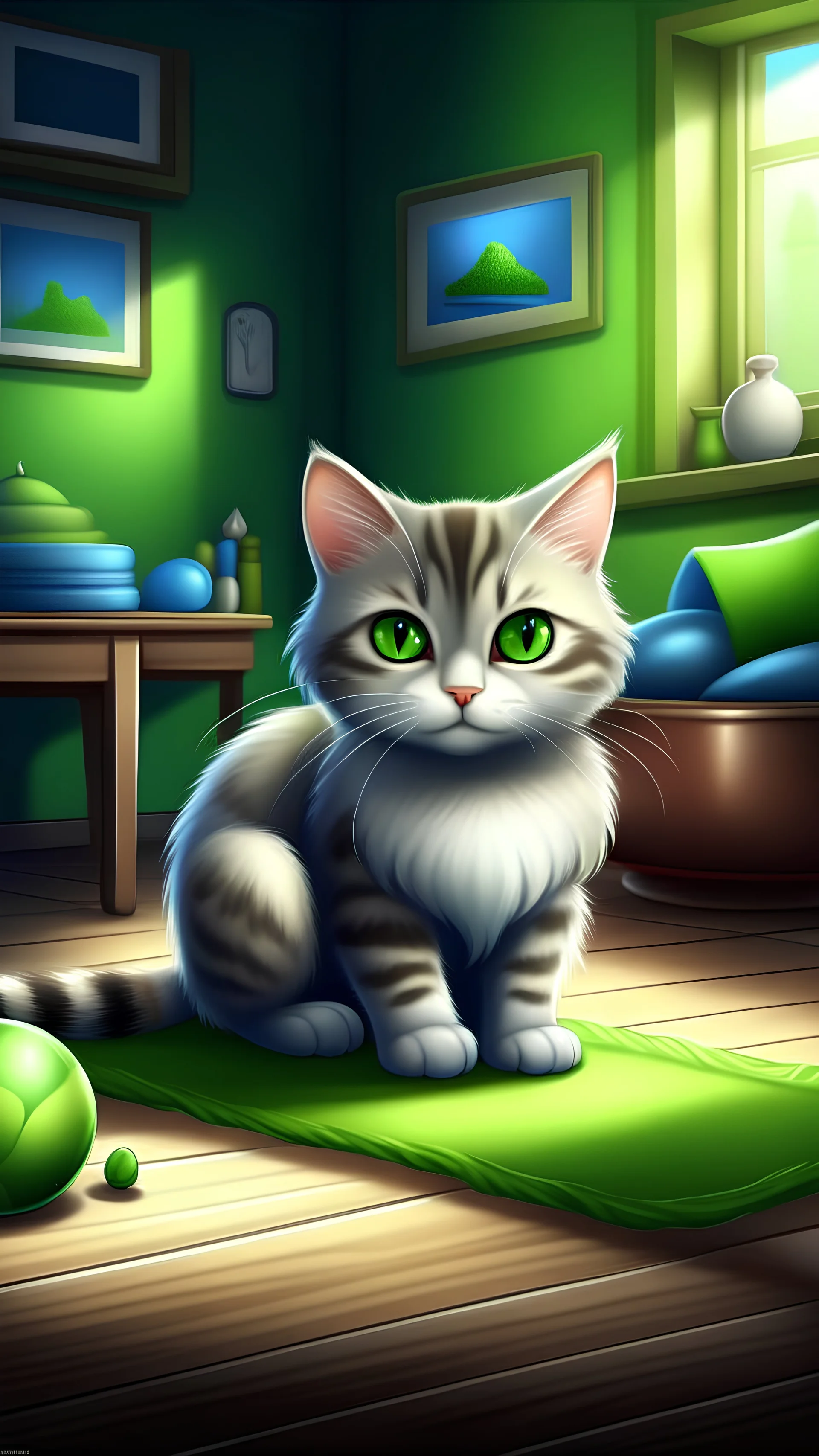 Create a realistic scene of a cute cat. The cat should have light fur and different eyes, one green and one blue. It should be looking directly at the camera with a young and curious expression. The environment around the cat should include some typical cat toys, such as balls and scratching posts, scattered on the floor. Additionally, there is a comfortable cat bed in the background. The lighting of the scene should be soft and cozy, highlighting the colors of the cat and the surrounding object