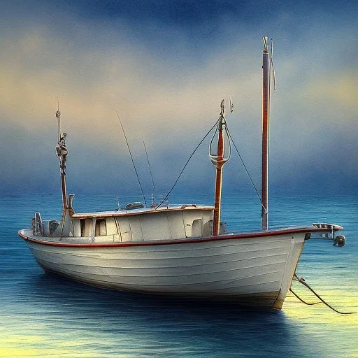 modern Fisherman small boat in the harbor, in the style of a watercolor painting