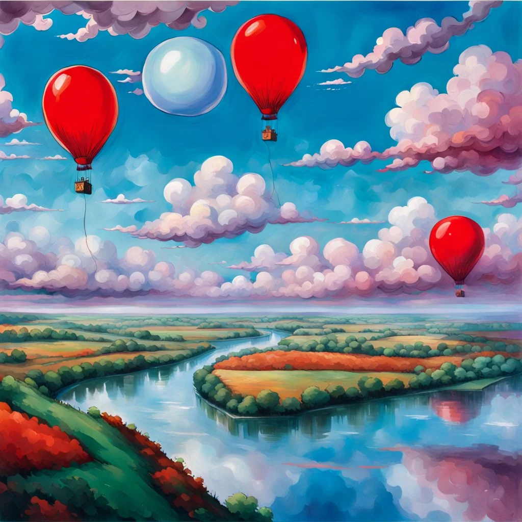 fantasy 90's tcg art of a red balloon with a strange face floating in the daytime sky with clouds