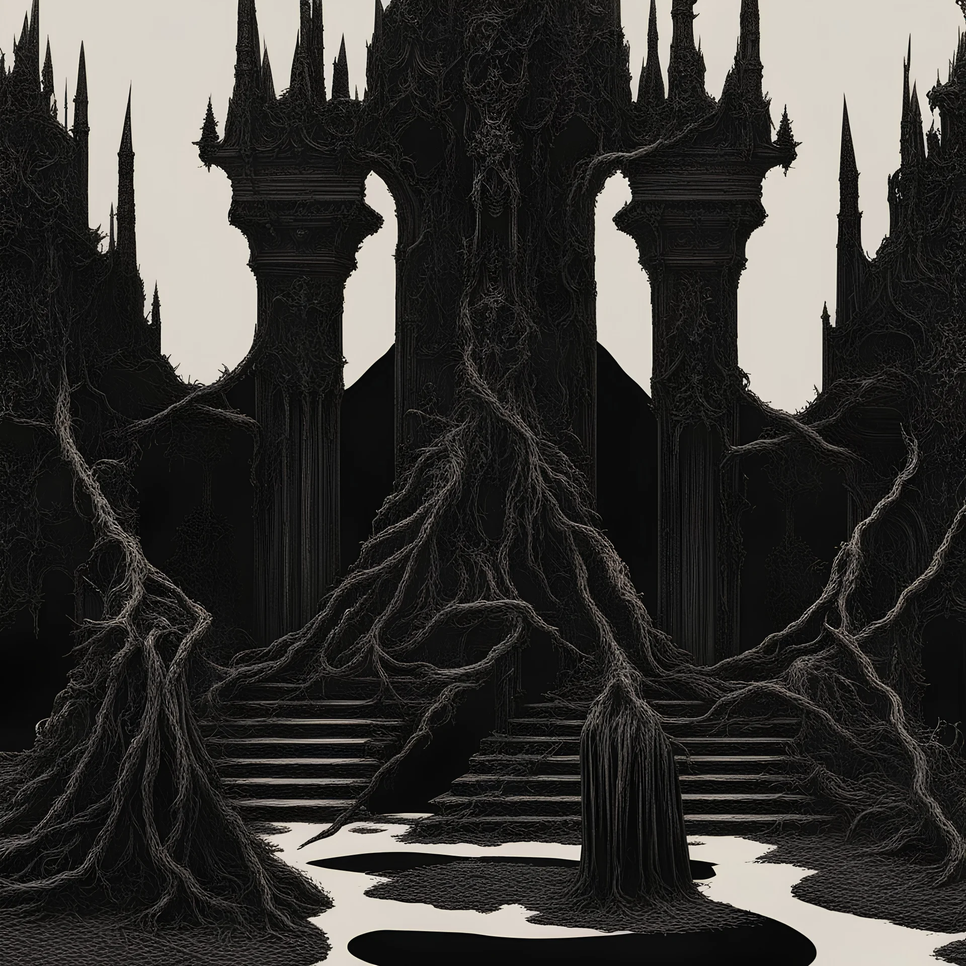 Generate a visually striking black metal artwork that towers of torment, 8K, extreme detail