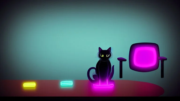 black cat sitting on an office chair, dark room with neon violet lights, realistic