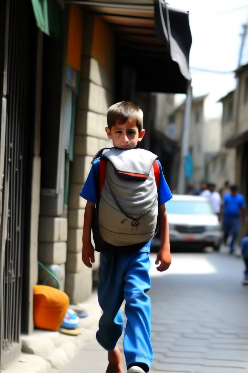 A Palestinian child carries on his shoulders a large bag with windows and doors