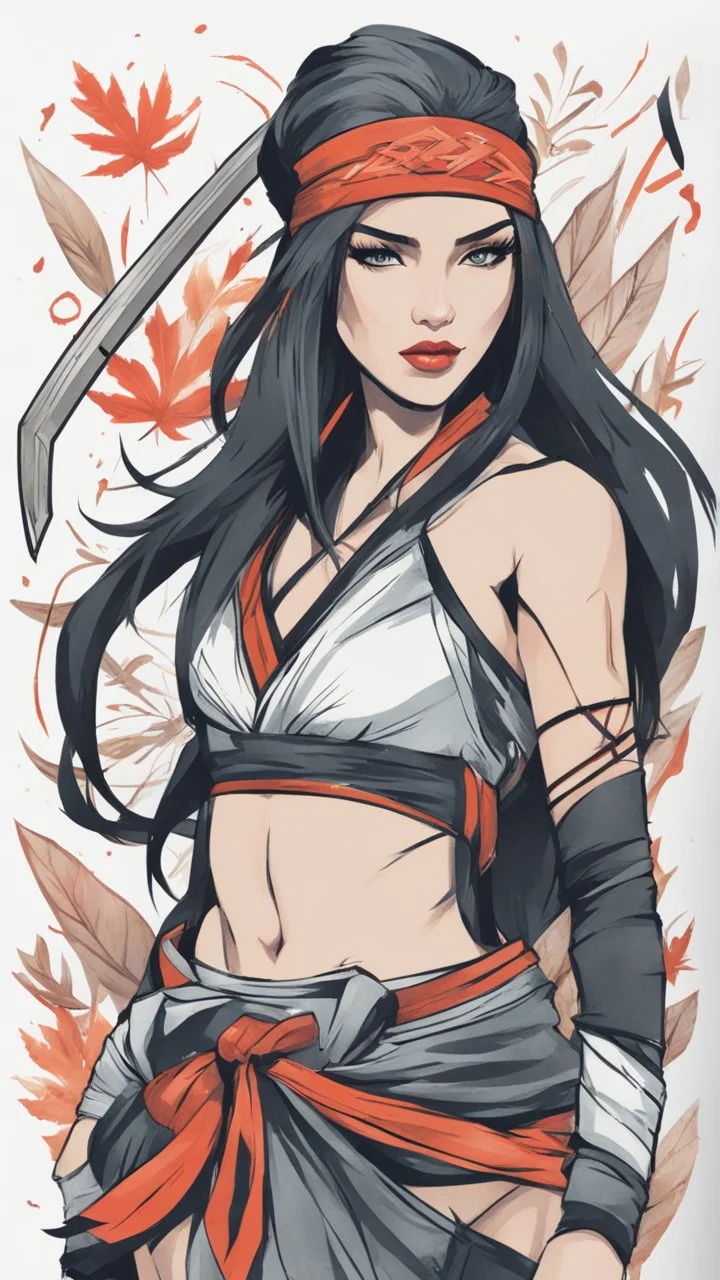 bits of color, furistic Sketch book, hand drawn, dark, gritty, realistic sketch, Rough sketch, mix of bold dark lines and loose lines, bold lines, on paper, akali, ninja girl, league of legends, leaves, animals, runes, dark theme,