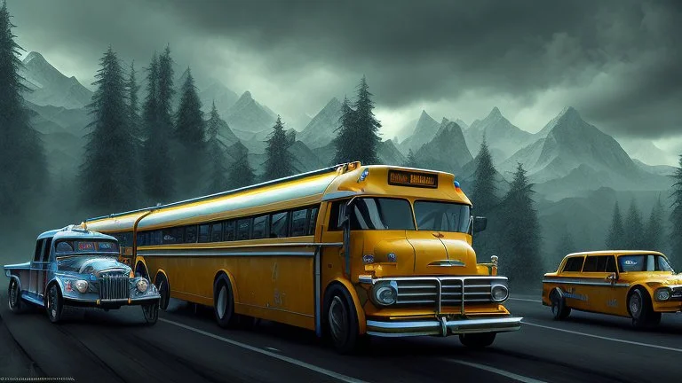 a school buss driving on the freeway, full of orcs, perfect composition, hyperrealistic, super detailed, 8k, high quality, trending on artstation, studio photo, highly detailed, wide borders
