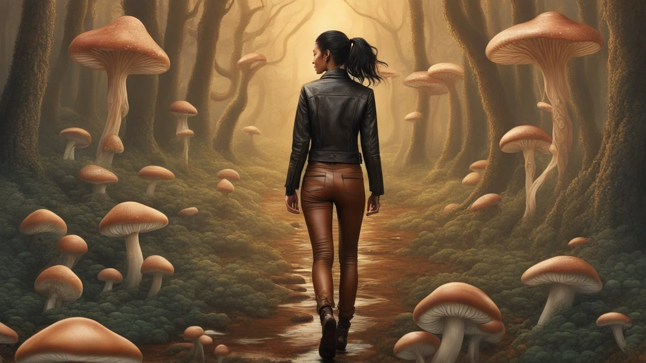 woman with black hair in a ponytail, in light brown leather trousers and jacket, walking through a forest of Alien mushrooms with jellyfish tentacles, photorealistic, Deep Colour, Intricate Detail