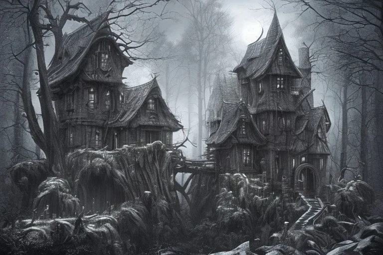  Wednesday Adams, black and white, tall narrow scary house , pointy roof, cursed trees , dense dark forest, forest background, spiders, bats, bones, Escher style