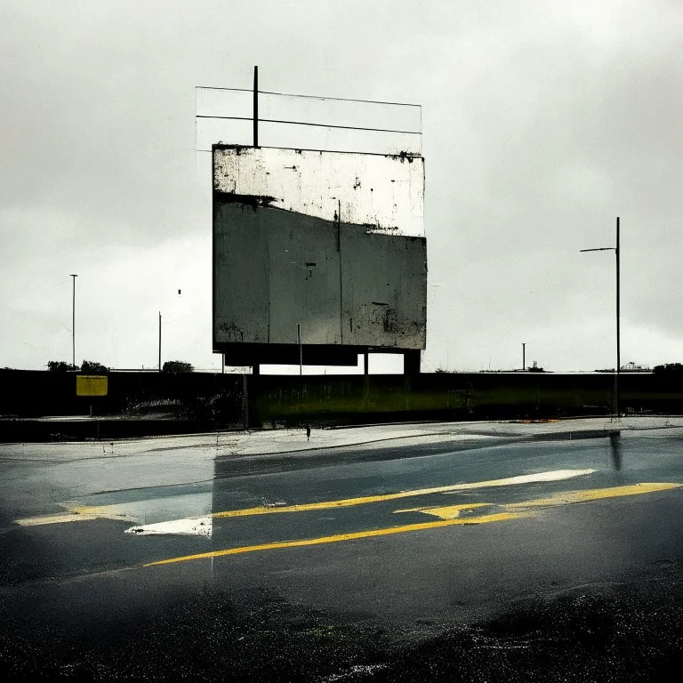 Minimal contemporary abstract oil paintings of desolate 1960s carpark with road markings and concrete fragments. Overlay with grungy typography graphics. style of Justin Mortimer and Francis Bacon.