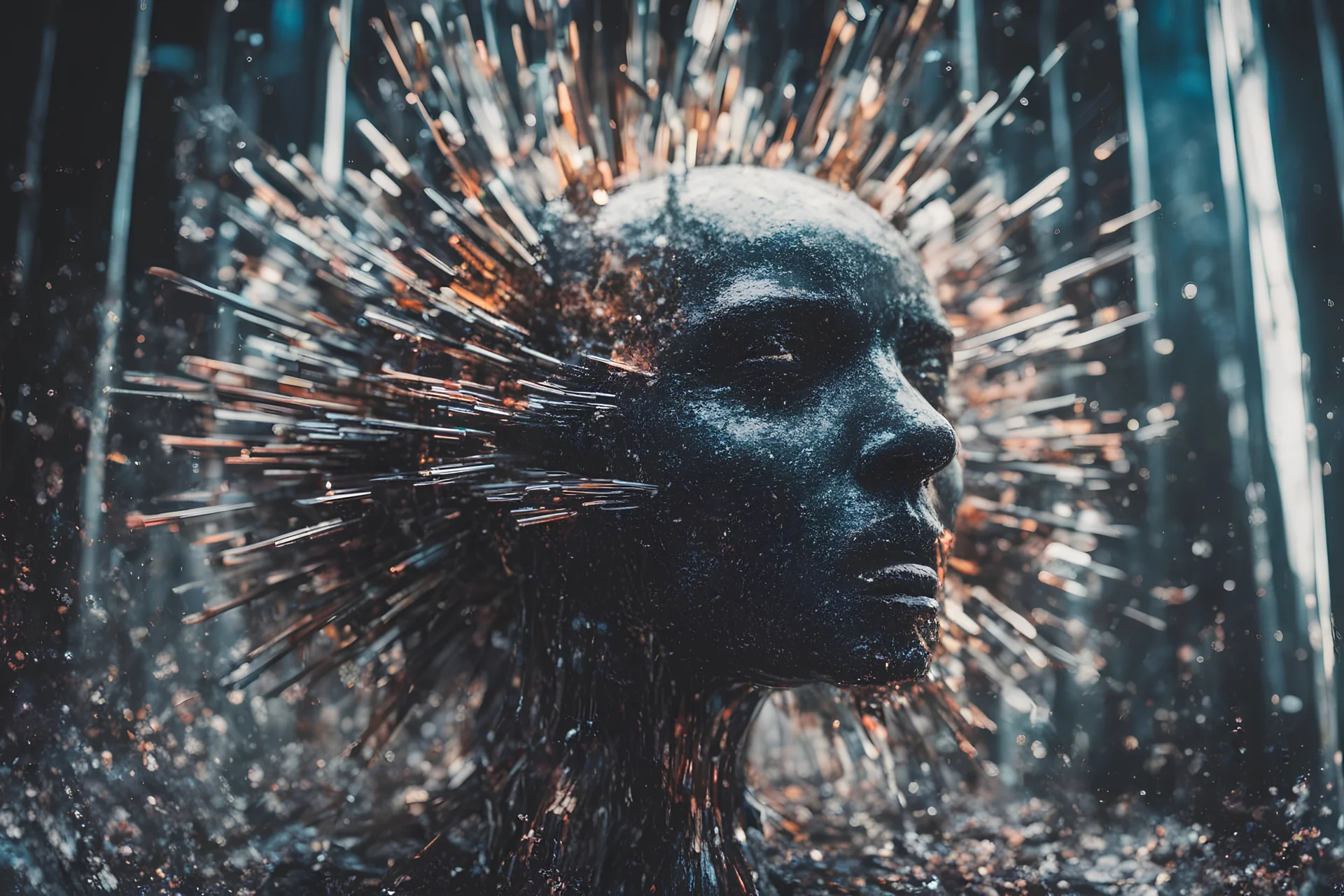 glitchy-algorithmic surreal sculpture, exploding with psychedelic liquid selenium, in the style of Og Slick and Levalet, melancholy, cinematic, cinematic shot, dynamic composition, details, intricate detail, professional lighting, film lighting, 35mm, anamorphic, lightroom, cinematography, bokeh, lens flare, film grain, hdr10, 8k, Roger Deakins, incredibly detailed, reflect, sharpen