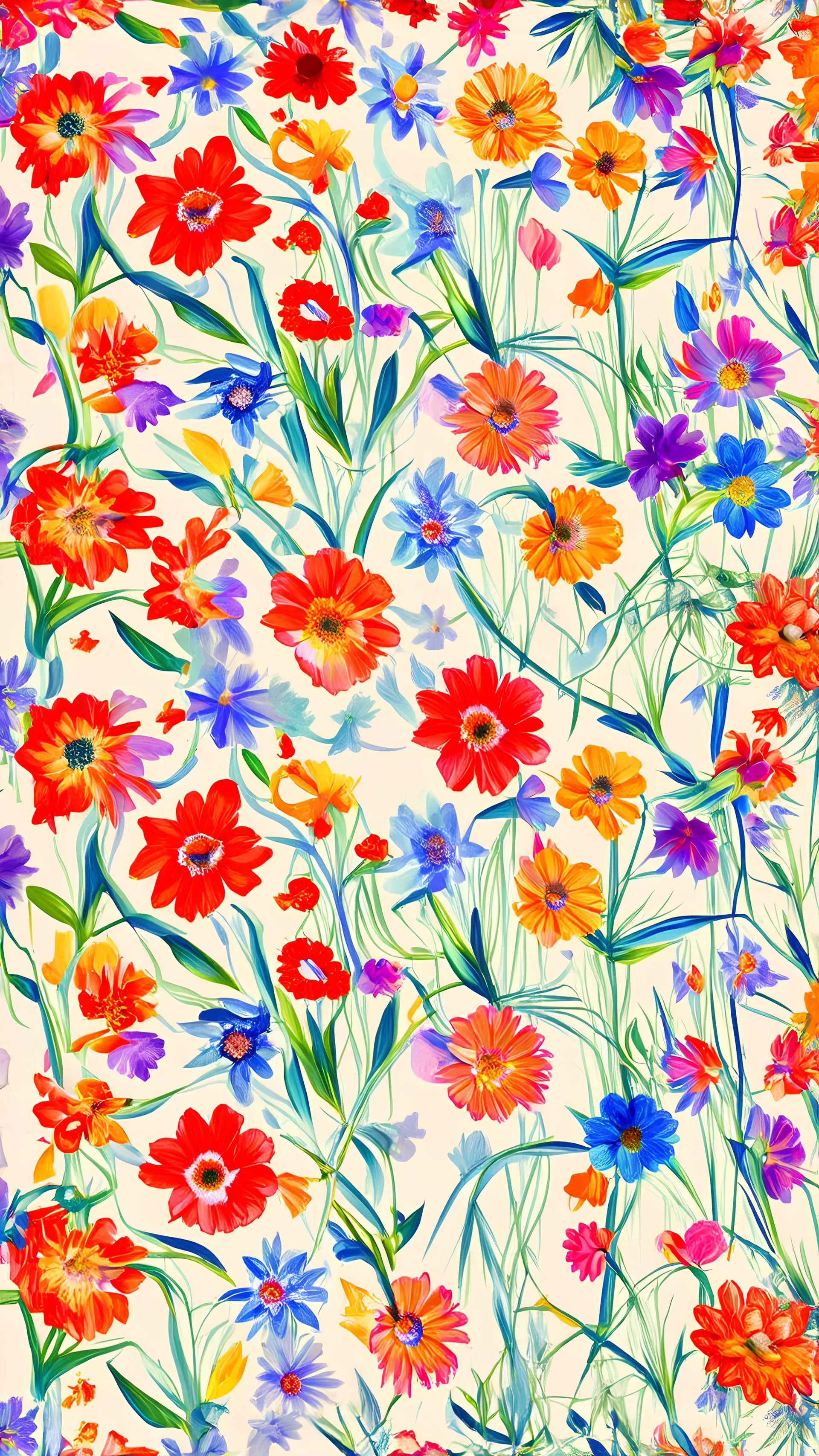 VINTAGE FLOWERS COLORFUL RED BLUE GREEN ORANGE PURPLE FULL ABSTRACT BACKGROUND CREAM