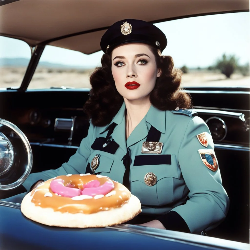 [psychedelic movie by Russ Meyer] Kat Dennings as a policewoman in a car with donuts, vintage 1970's photo