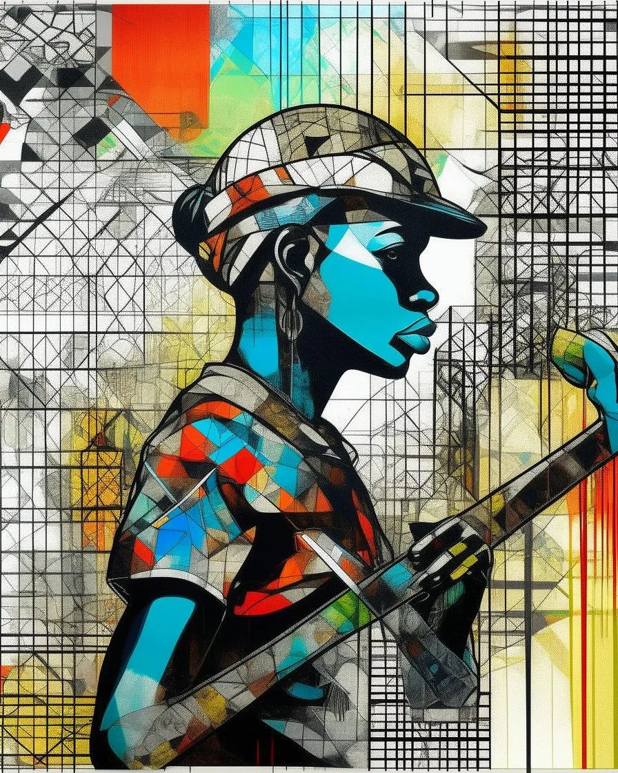 an extreme abstract acrylic and ink and battered paper photo collage poster of a heavily stylized factory worker holding a hammer, an unexpected arafed improbability with a checkered juxtaposition, liminal space, tribal patterns, memories of negative space, amazing reflections, amazing curves, amazing transparency, split vibe, double exposure influence, heavy zigzag vibe, side view, afrofuturism