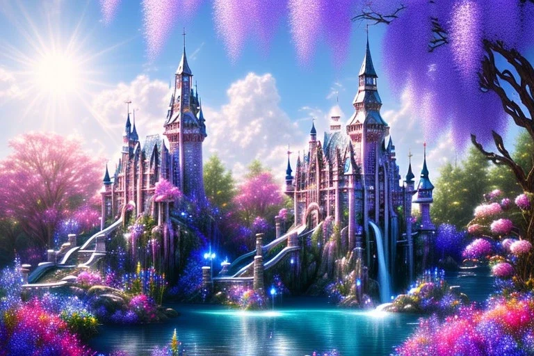 luminous white crystal castle,fountain, sun,swanns,waterfall, BLUE LAKE, SWANNs,blue bugainvillier flowers, jacaranda violet trees, sky pink blue, full of details, smooth, bright sunshine，soft light atmosphere, light effect，vaporwave colorful, concept art, smooth, extremely sharp detail, finely tuned detail, ultra high definition, 8 k, unreal engine 5, ultra sharp focus