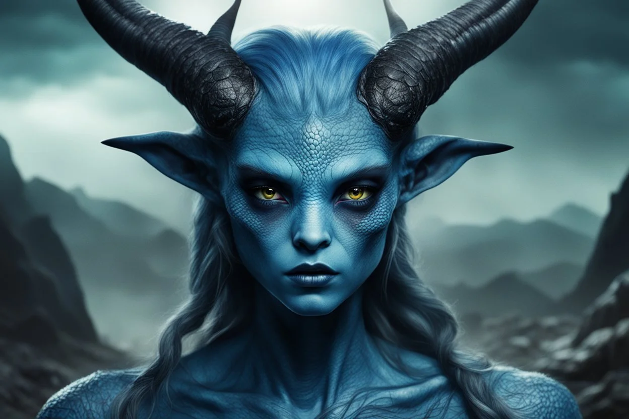 extraterrestrial femine being, blue skin, big black eyes, horns, angry, reptilian mode