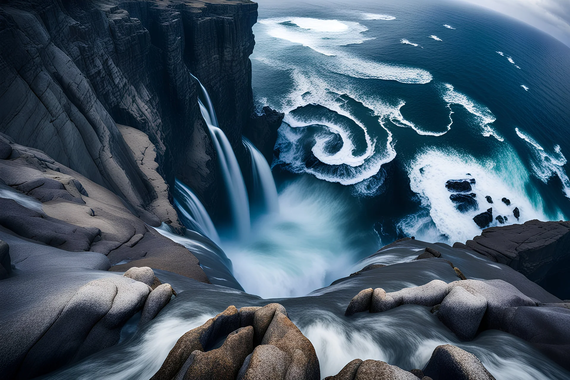 massive intimidating rock cliffs ascend all around and further up out of view. far below, the stormy ocean swirls intimidatingly. The ocean water falls off a waterfall down into a circular pit