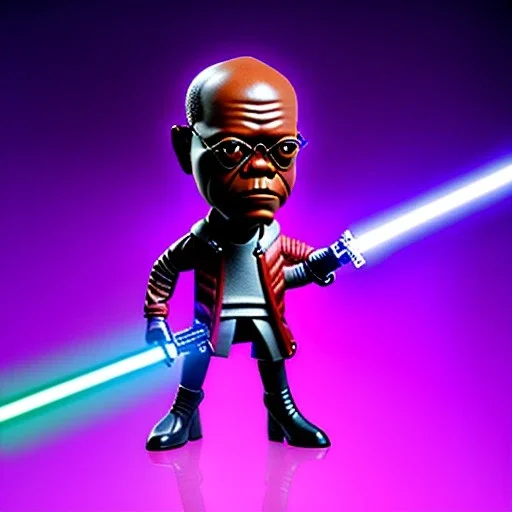 Bald Samuel jackson purple jedi bobblehead holding a lightsaber and boots,