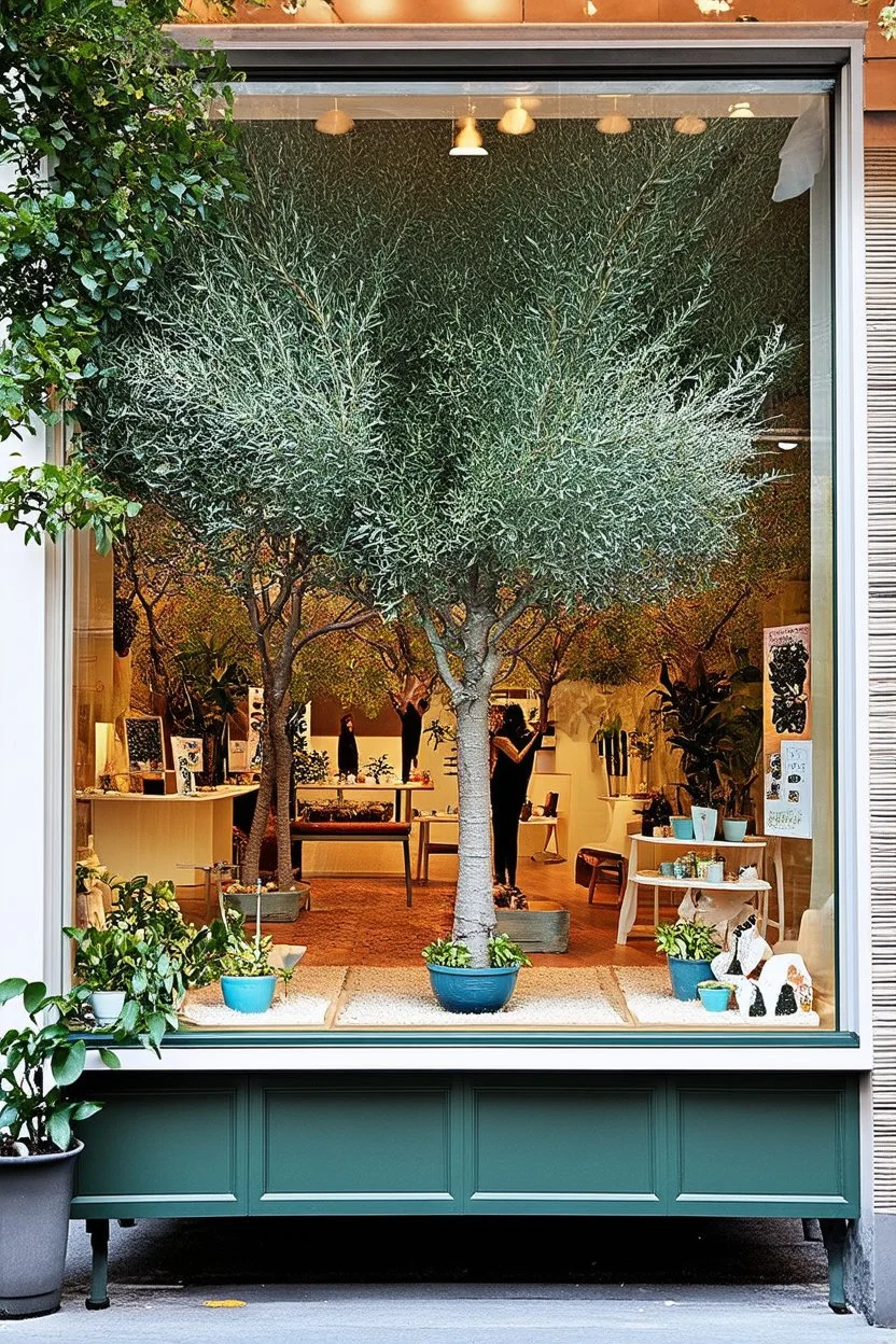 a eucalyptus tree grove-themed retail window display