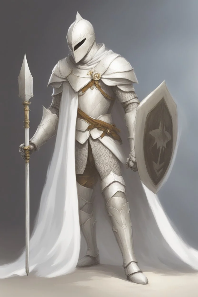 Knight wearing white half armor and white cape with white mask, holding a spear