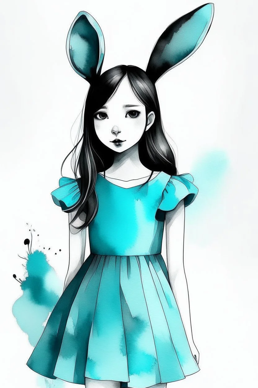 Watercolor black and white with cyan dress bunny ears girl