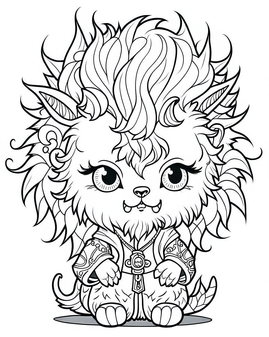 coloring page, Gothic chibi werewolf with wild, fluffy hair, Manga style, thick lines, low detail, no shading, --ar 9:11 --v 5