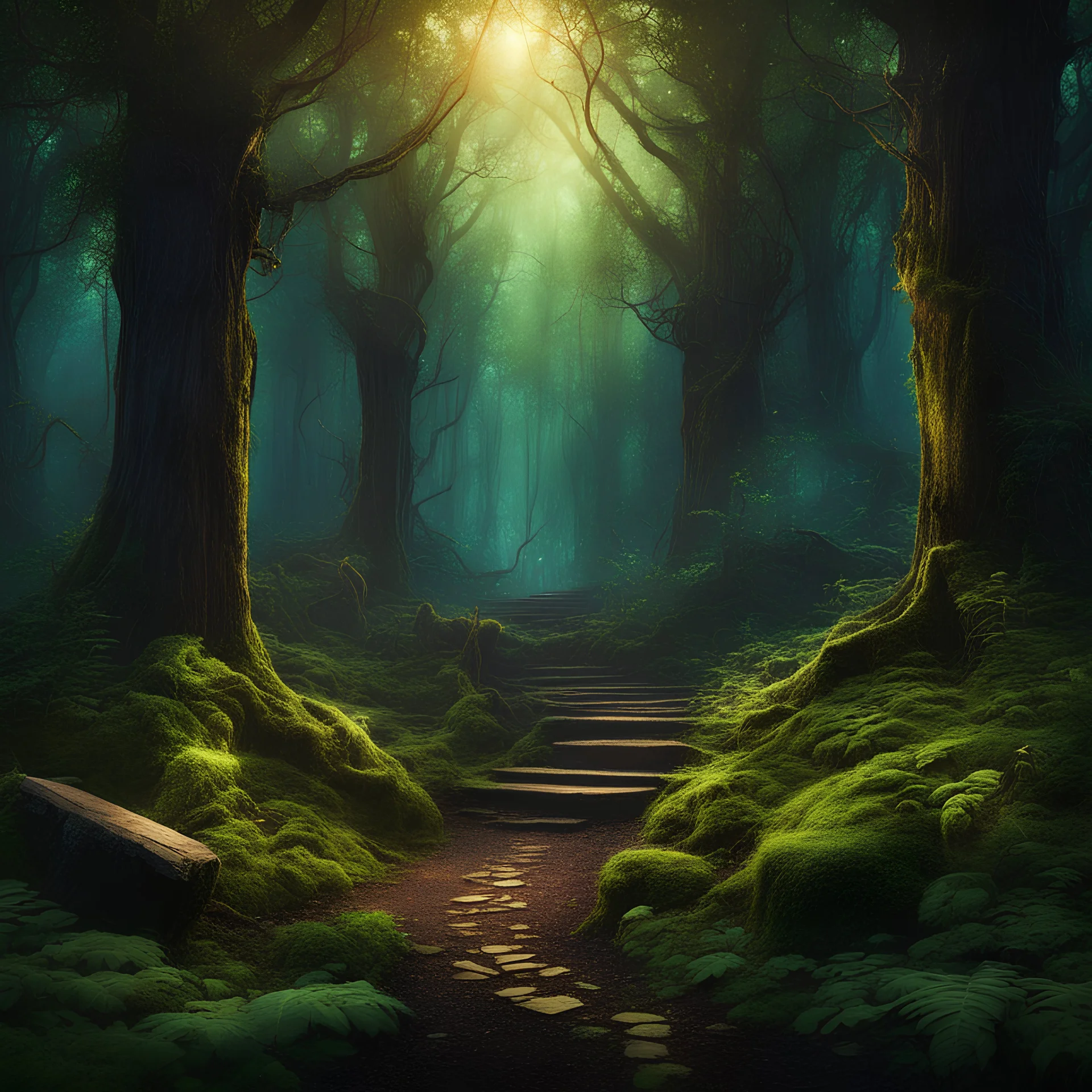 Generate an Magical Forrest with an dark way to the Infity and at the and is a sign with a text "fail" Magical. Epic. Dramatic, highly detailed, digital