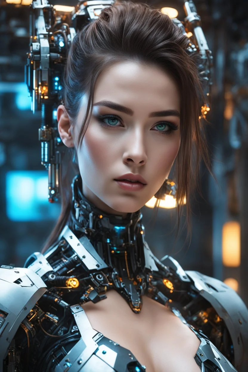 Photography 4k masterpiece, incredible depth, cinematic dynamic lighting, sharp focus, high resolution, high quality, outstanding visual masterpiece, flawless rendering, fine detail, extremely realistic masterpiece))), ((((a beautiful robot woman with exposed machinery and circuitry, hanging out in a cyberpunk workshop, elegant machinery, glowing circuitry on skin)))), (((perfect face, proportionate face, beautiful features, unbelievable detail, award-winning art))), (((luminous round e