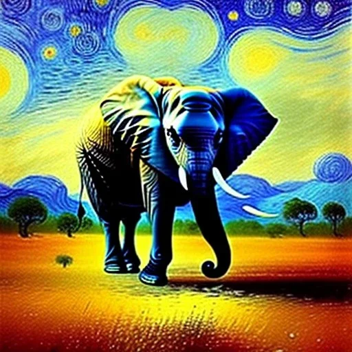 Dibujo al oleo de un elefante africano en el bosque con nubes estilo Vincent van Gogh